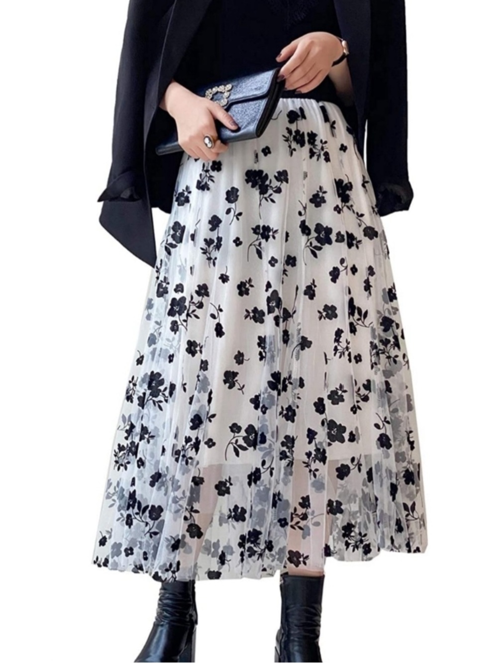 Unbranded Black Floral Appliqué Tulle Lined Skirt Boho Whimsical Balletcore Chic - Picture 5 of 13